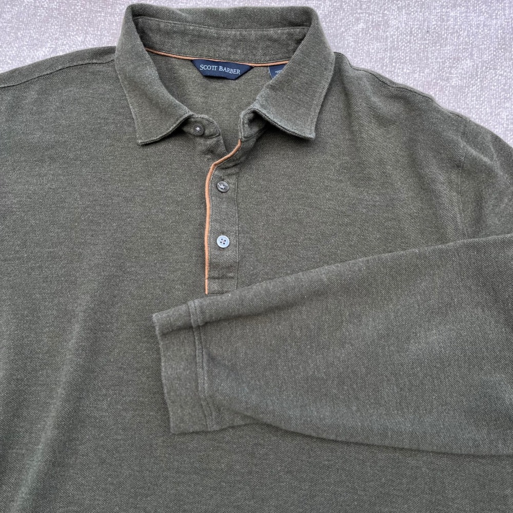 Scott Barber Mens XL Olive Green Cotton Wool Long Sleeve Polo Shirt